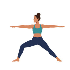 woman in warrior ii yoga pose with arms extended and legs wide apart