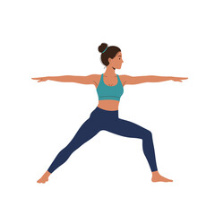 Woman in warrior pose wearing yoga outfit on white background