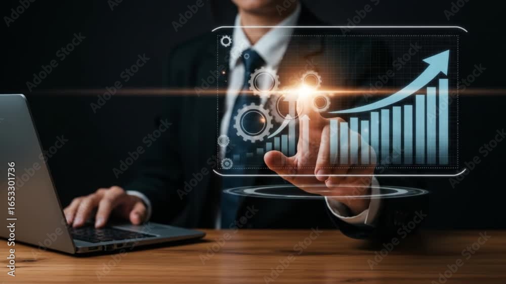Wall mural man using laptop with digital interface showing gears and graph on a wooden surface in a dark room