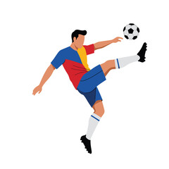 Man in soccer uniform kicking ball with leg in mid air motion