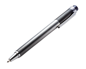 Silver and gray metal pen with clip, isolated on transparent background