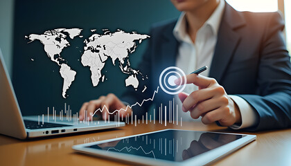 Global communication is at a businessman's fingertips as he connects to the world's digital network via a virtual touch screen interface