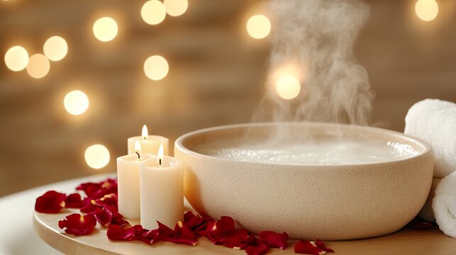 Beautiful background for relaxation and spa treatments. Candles on a background of shimmering light from a bowl of warm water for the procedure.