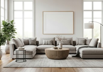Modern living room with large sectional sofa coffee table and large windows