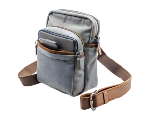 Small blue denim crossbody shoulder bag with brown strap and zipper pockets, isolated on transparent background
