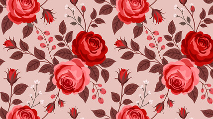 Romantic Floral Pattern with Red and Pink Roses on a Light Pink Background Beautiful Vintage Design Perfect for Textile Prints