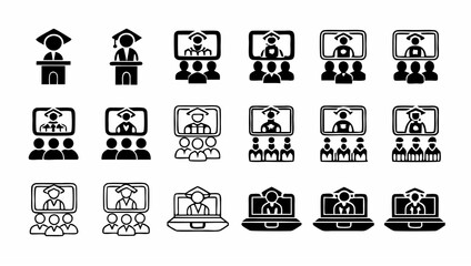 Illustrations of graduation ceremonies, including in person and virtual events with students and speakers silhouette