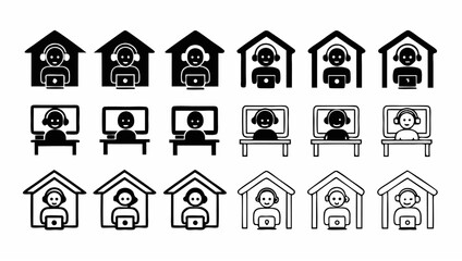 Illustration of people working from home with laptops and computers in various styles and outlines silhouette