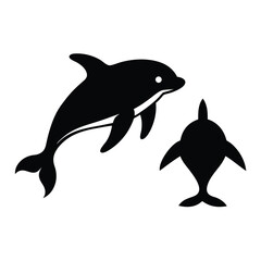 Fototapeta premium Black dolphin silhouettes leaping and swimming marine life ocean