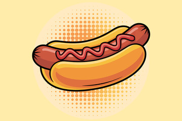 Delicious Cartoon Hot Dog with Ketchup Ready to Eat on a Fun Pop Art Background for Summer Picnics