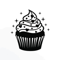 A black and white cupcake with heart shaped frosting and sparkles around it