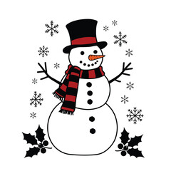 A cheerful snowman in a top hat and scarf with snowflakes and holly