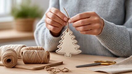 Cozy winter crafting, hands delicately tie twine around a wooden Christmas tree ornament, evoking warmth, nostalgia, and the joy of handmade gifts.