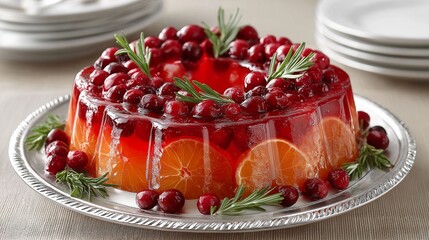 Glistening with ruby-red cranberries and bright citrus, this elegant gelatin mold offers a delightful vintage charm, ideal for retro themes, dessert presentations, and cozy winter scenes.