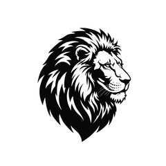 A black and white illustration of a lion s head with a majestic mane