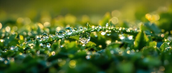 Dewdrops on Green Grass Blades: Nature Macro Photography