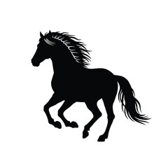 A black silhouette of a horse running with a flowing mane and tail
