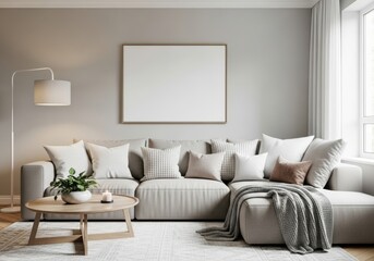 Cozy modern living room with large sectional sofa and empty framed art