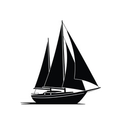a black silhouette of a sailboat with three sails on calm water
