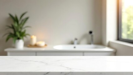 Empty marble table top on blurred minimalistic luxury bathroom at apartment, white day light, clean cozy colors. Place for product display, showing products, side view