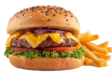 Binary cheeseburger with fries, isolated on a transparent background in PNG format.
