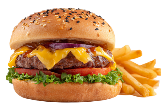 Binary cheeseburger with fries, isolated on a transparent background in PNG format.
