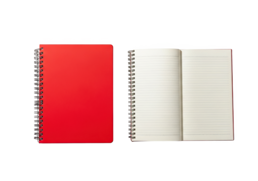 Red spiral notebook, one closed and one open, isolated on transparent background