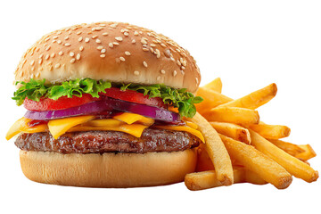 Binary cheeseburger with fries, isolated on a transparent background in PNG format.