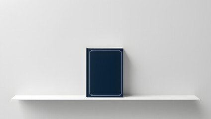 a closed book lying on a shelf in plain background 