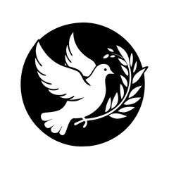 Vector art of white dove with olive branch symbol of peace flying in a black circle  icon