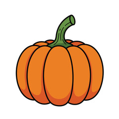 A cartoon orange pumpkin with a green stem on a white background