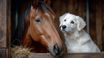 A horse and a dog are standing next to each other in a barn. The horse is looking at the dog with curiosity