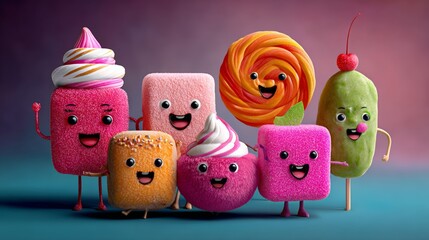 A group of cartoon characters are holding up various types of candy, including lollipops, gumdrops, and a cherry. The scene is playful and fun, with the characters posing for a photo with their candy