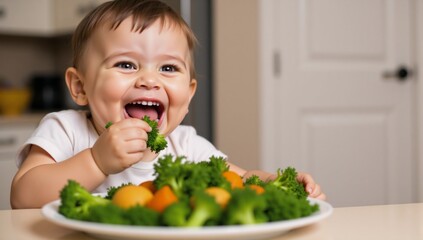 A happy toddler child eats broccoli and green vegetables flashing a bright smile at home