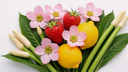 Obraz premium Vibrant spring produce illustrations showcasing fresh fruits and vegetables artfully arranged