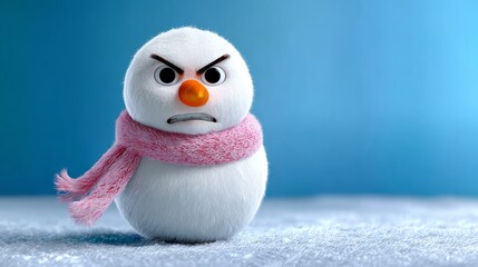 A snowman with a pink scarf and a frowning face. The snowman is angry and unhappy