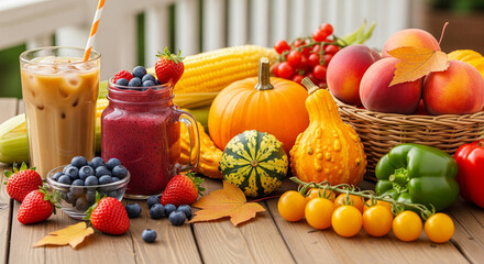 Seasonal food and drink scene with fresh fruits, vegetables, iced coffee, smoothies, and pumpkins on a picnic table, cozy autumn atmosphere, 16:9 landscape high-resolution photo
