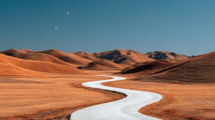 Winding road traverses dry golden hills under a bright, cloudless sky with two moons visible above the horizon