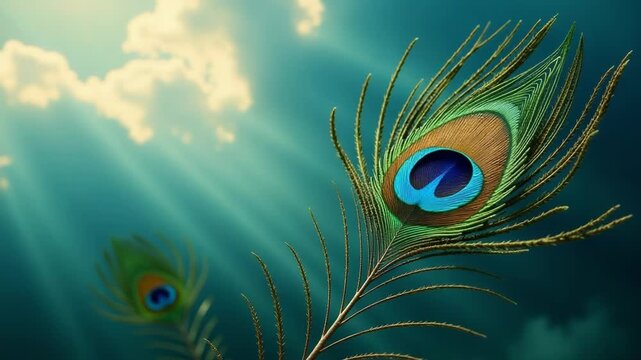 Close-up view of a vibrant peacock feather attached to a branch