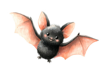 Watercolor cute black bat with peach wing membranes, rosy cheeks, open wings, isolated on white