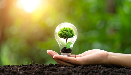 Hand holding lightbulb with small tree inside, in soil, natural setting