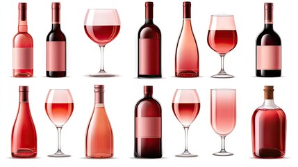 Row of various ros? wine bottles and glasses