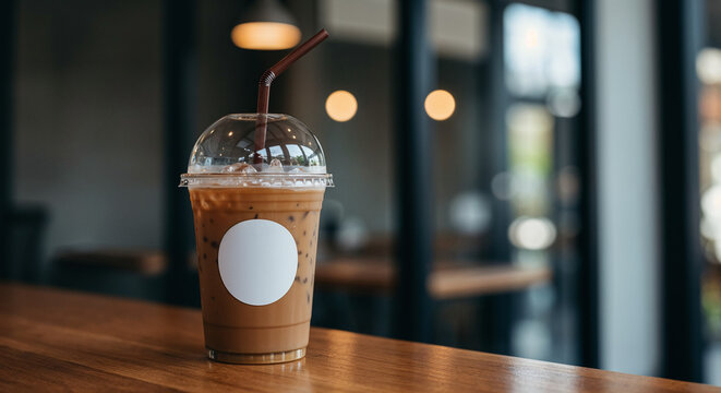 Iced Coffee in a Plastic Cup on Wooden Table