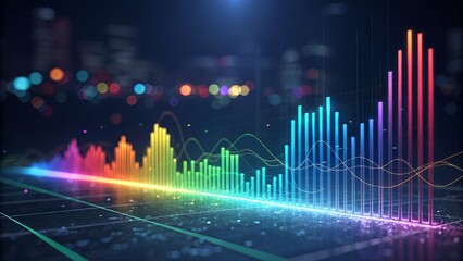 Abstract digital data visualization with vibrant, multicolored light beams forming a futuristic graph or audio equalizer.