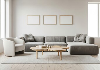 Modern living room sofa arrangement with contemporary coffee table and armchair