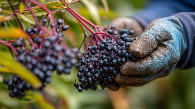 Elderberries being carefully picked from cluster. Natural foraging concept - Powered by Adobe