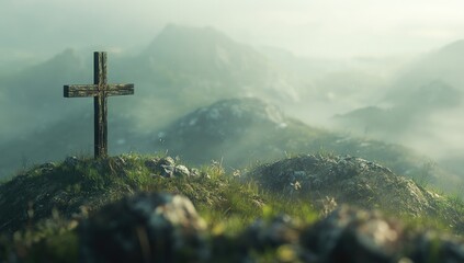 Wooden cross atop misty mountain