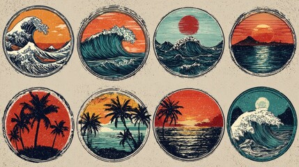 Collection of Vintage Style Surf Club Patches Featuring Sunset, Waves, and Palm Trees against a Denim Background
