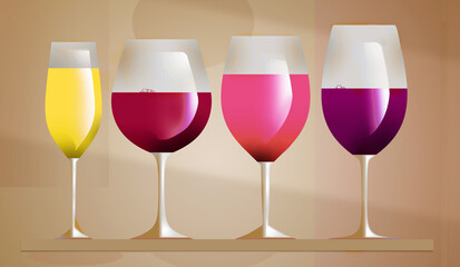 Wine colors and the appropriate glass to use for each is the subject of this 3-d illustration of various types of wine in stemware.