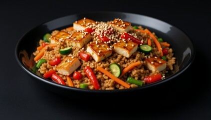 Black bowl holds teriyaki tofu vegetables and sesame seeds